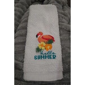 White Hello Summer Flamingo Embroidered Hand Towel Tropical Floral Coastal
